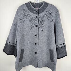 Claudia Made in Turkey Wool Button Sweater Gray Floral Pockets Womens Size XL